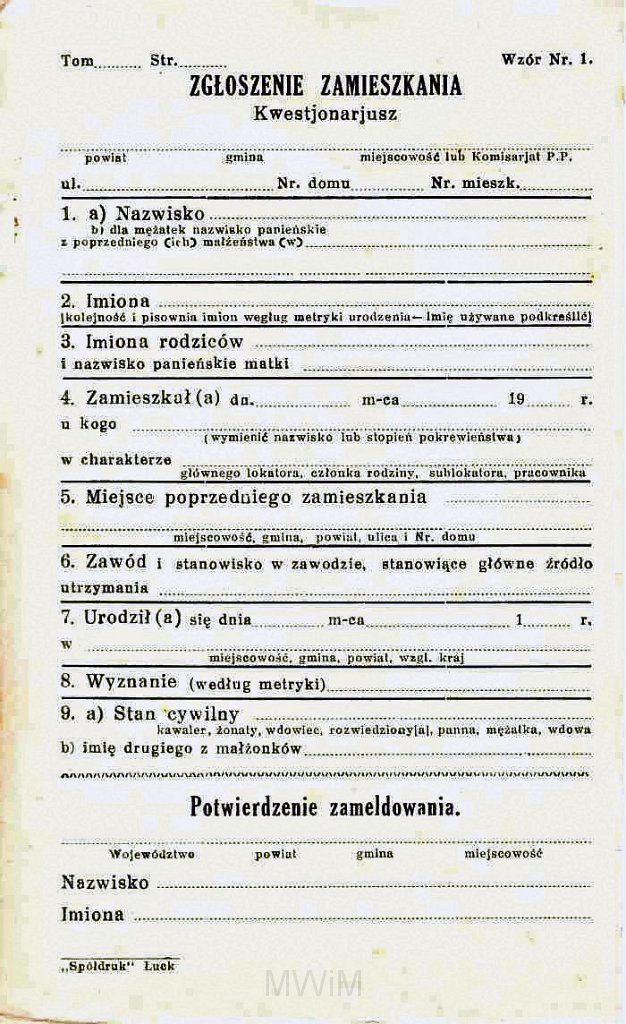 KKE 5926.jpg - Dok. Karta zgłoszenia zamieszkania w Łucku, Łuck, lata 30-te XX wieku.